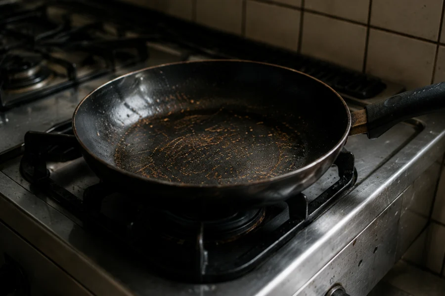 ガス台にのった黒い鉄のフライパン。底に使い込まれた焼き色がついている