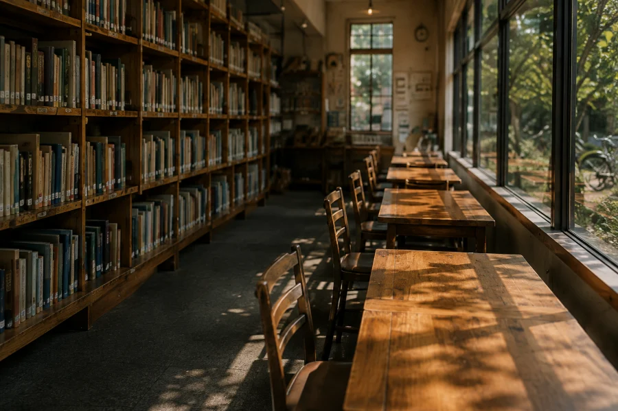 窓際に長机が並ぶ図書館の閲覧室。木漏れ日が机の上に落ちている