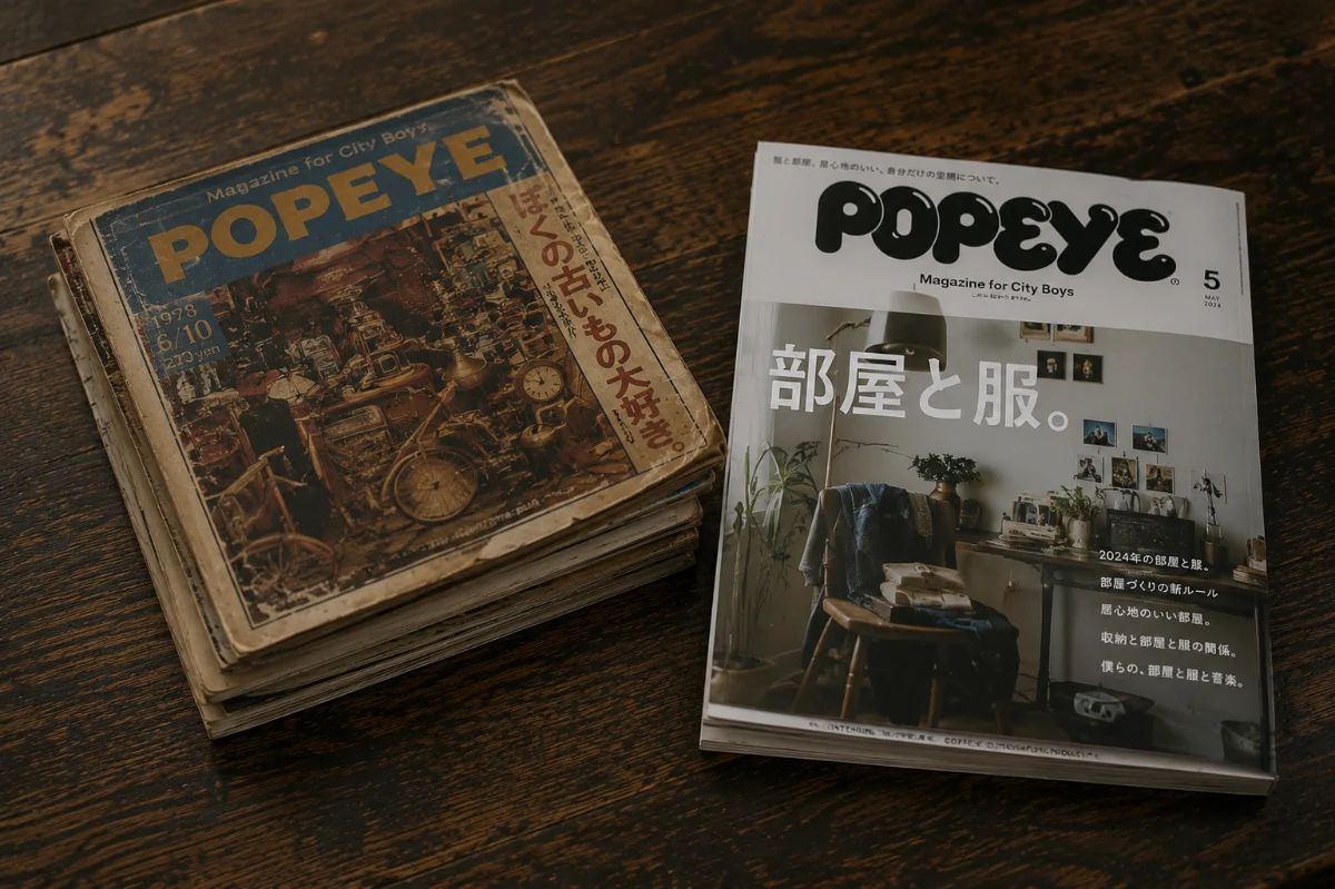 木の机に並べられた、1978年の古い雑誌の束と2024年の同じ雑誌