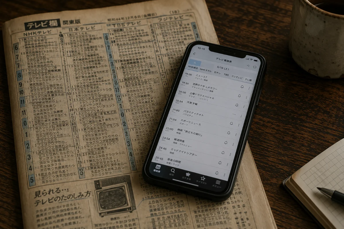 昭和44年の新聞のテレビ欄の上に、番組表を表示したスマートフォンが置かれている