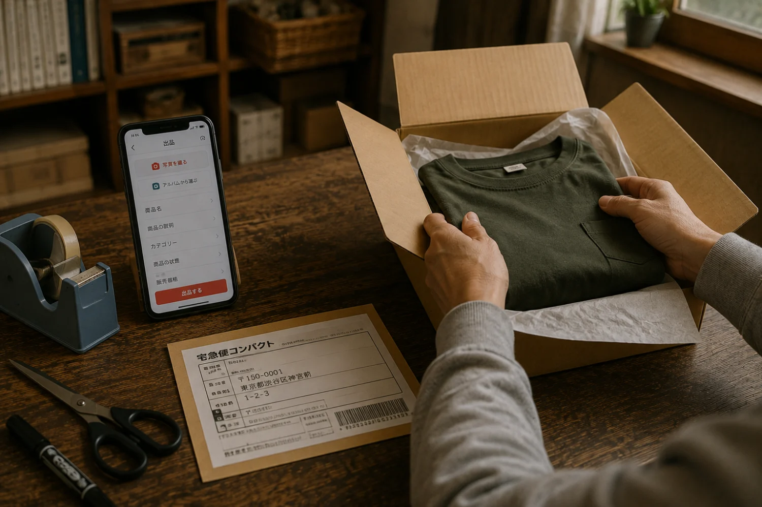 机の上で段ボール箱に畳んだ衣類を詰める手元。手前に伝票とスマートフォンの出品画面