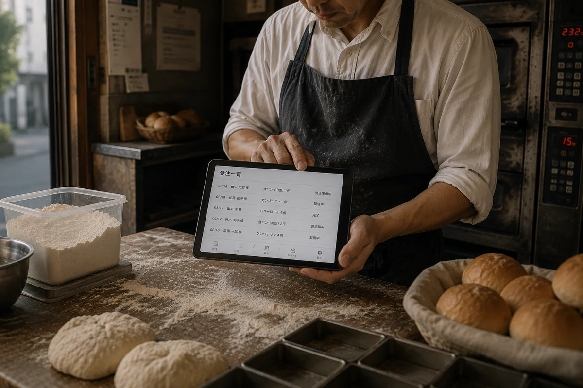 焼き上がったパンの籠の前で、受注一覧を表示したタブレットを手にしている店主