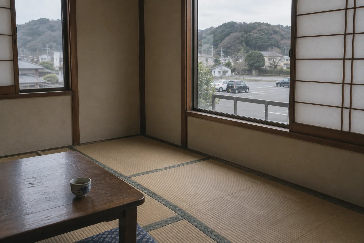 宿の角部屋の窓。障子が半分開き、駐車場と、その先の低い山が見えている